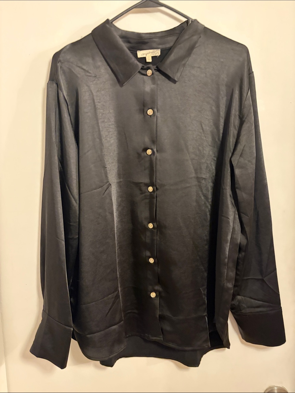MYSTREE Black Satin Button-Down Dress Shirt LARGE NWOT
